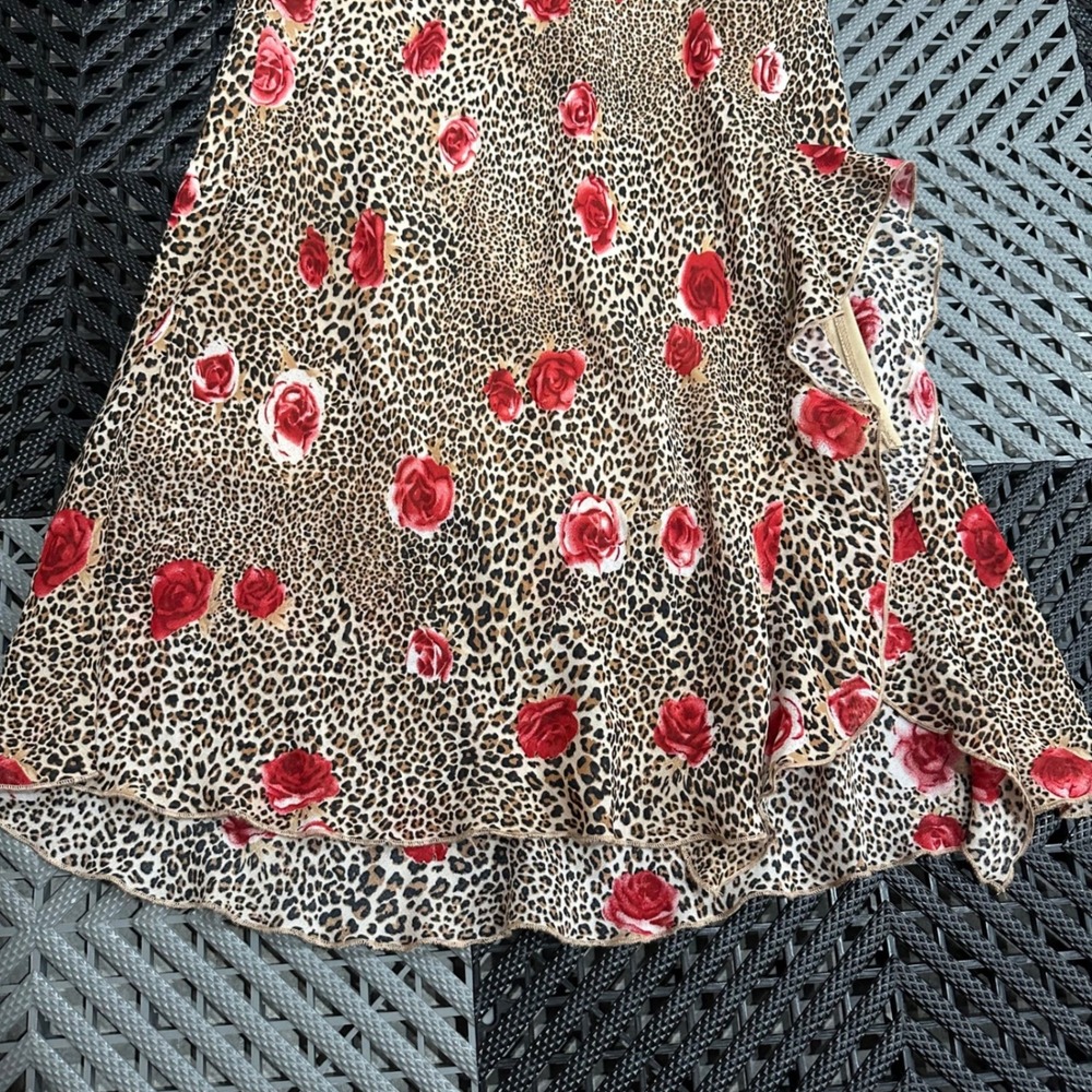 Dorothy Perkins Euro Leopard Rose Print Ruffle Midi Skirt Brown Red Size 8UK - Picture 7 of 8